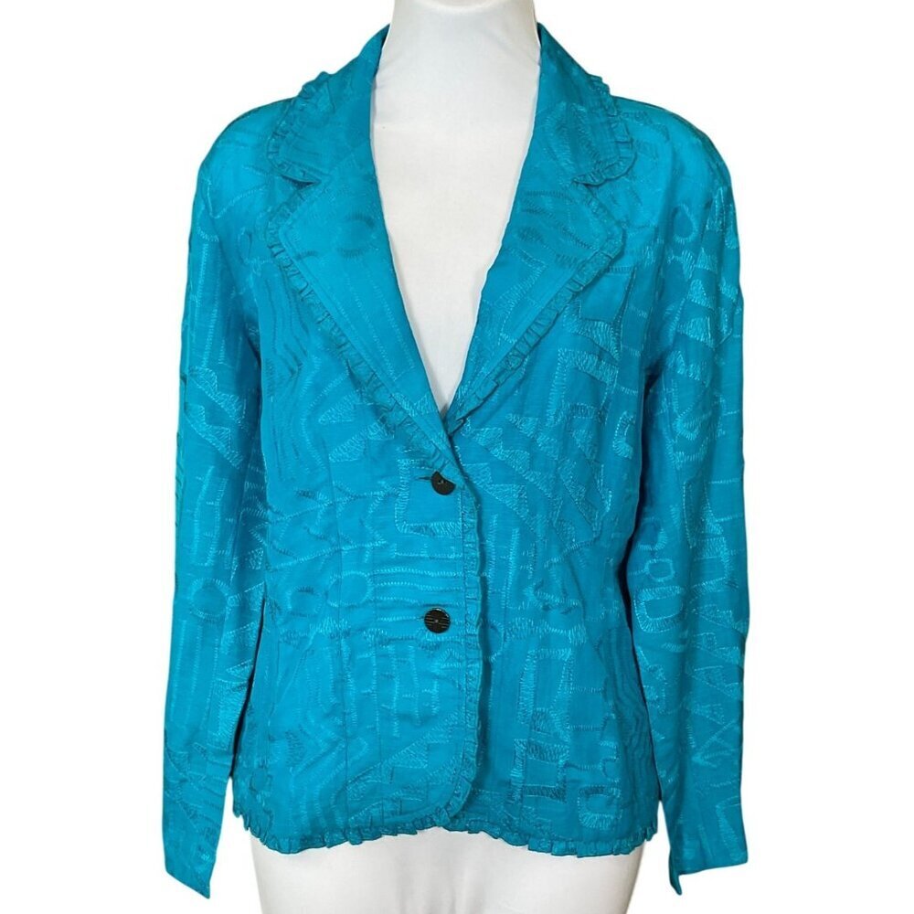 Chicos Lightweight Decorative Stitch Long Sleeve Ruffled Blazer Silk/Linen Sm
